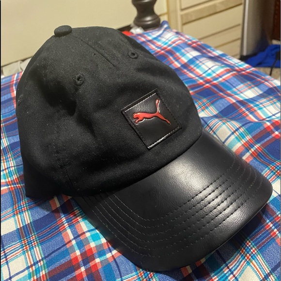 Puma Accessories - Puma Unisex Black Faux Leather Bill Metallic Red Puma Adjustable Ball Cap Hat